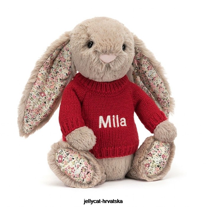Jellycat blossom bea zeko s personaliziranim crvenim džemperom bež boje 334 igračka