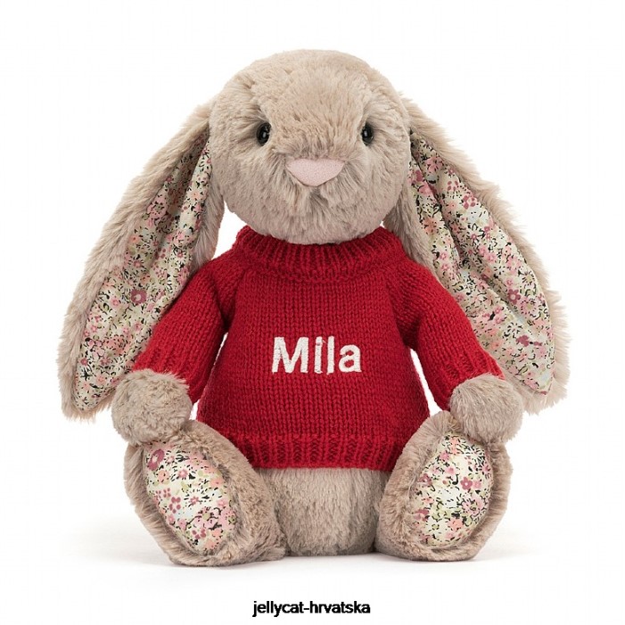 Jellycat blossom bea zeko s personaliziranim crvenim džemperom bež boje 334 igračka