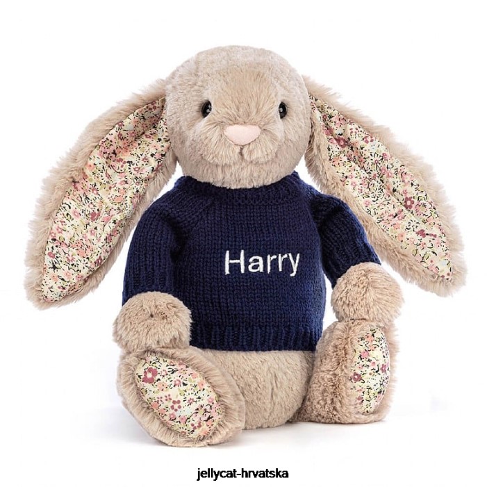 Jellycat blossom bea zeko s personaliziranim tamnoplavim džemperom bež boje 480 igračka