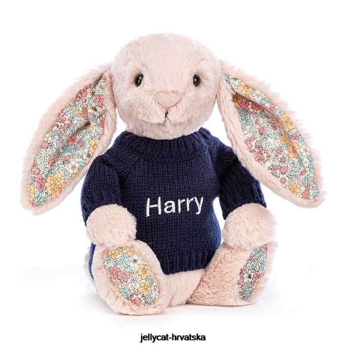 Jellycat blossom rumenilo zeko s personaliziranim tamnoplavim džemperom breskve 484 igračka