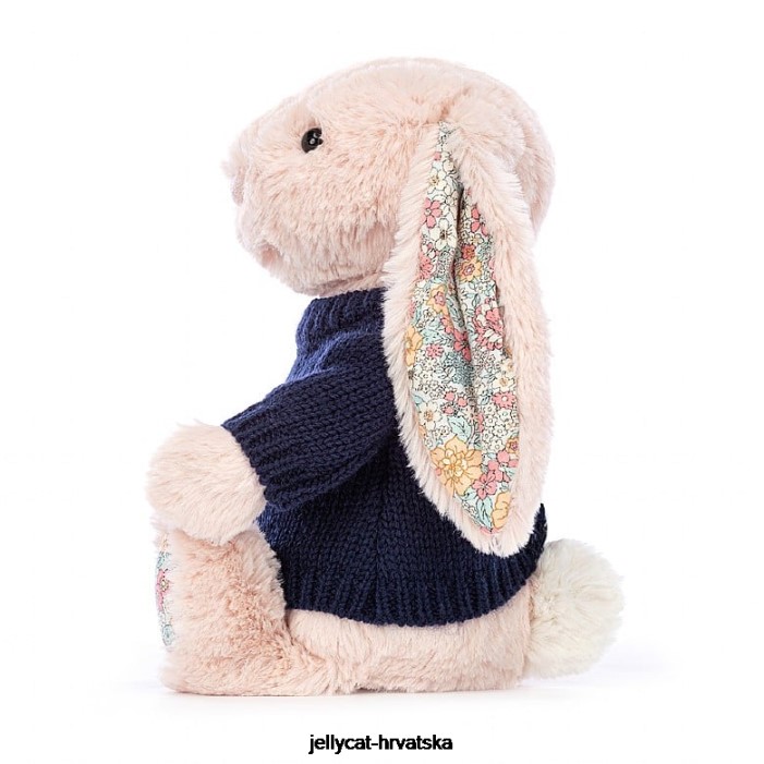 Jellycat blossom rumenilo zeko s personaliziranim tamnoplavim džemperom breskve 484 igračka
