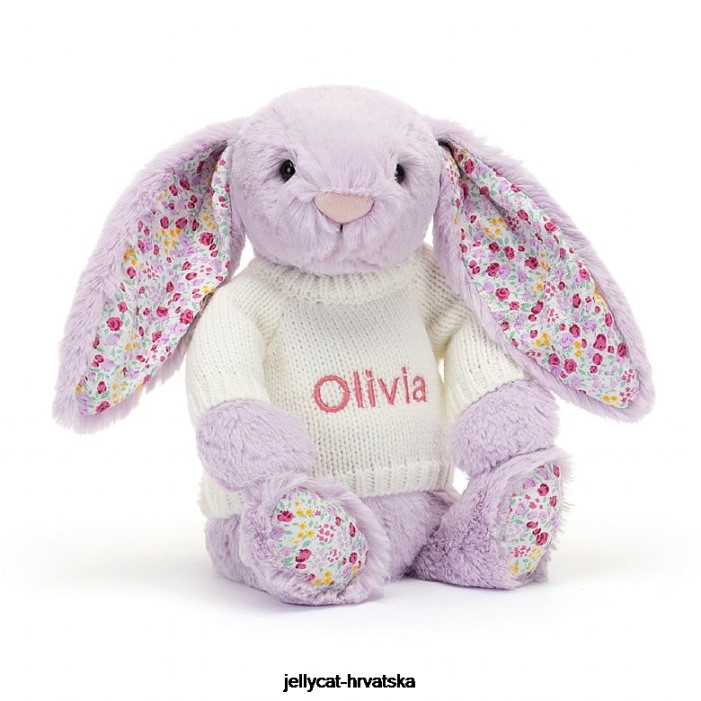 Jellycat cvjetajući jasmin zeko s personaliziranim krem ​​ljubičastim džemperom 268 igračka