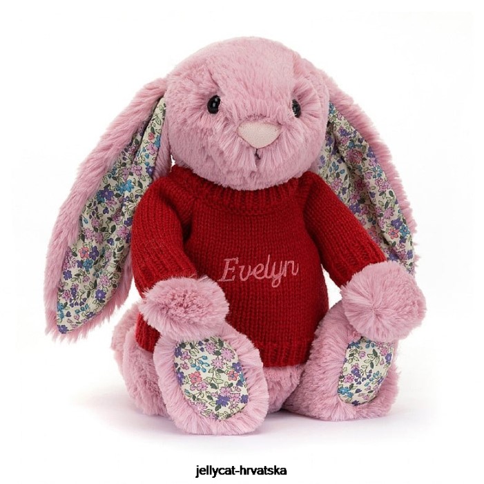 Jellycat cvjetajući zeko tulipan s personaliziranim crvenim džemperom ružičaste boje 430 igračka