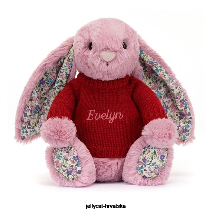 Jellycat cvjetajući zeko tulipan s personaliziranim crvenim džemperom ružičaste boje 430 igračka