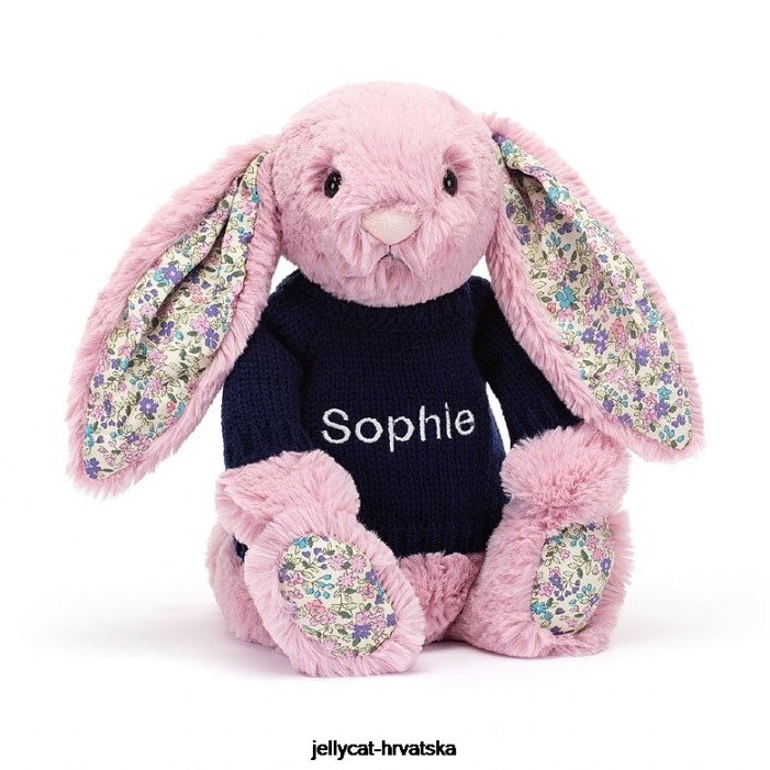 Jellycat cvjetajući zeko tulipan s personaliziranim tamnoplavim džemperom ružičaste boje 466 igračka