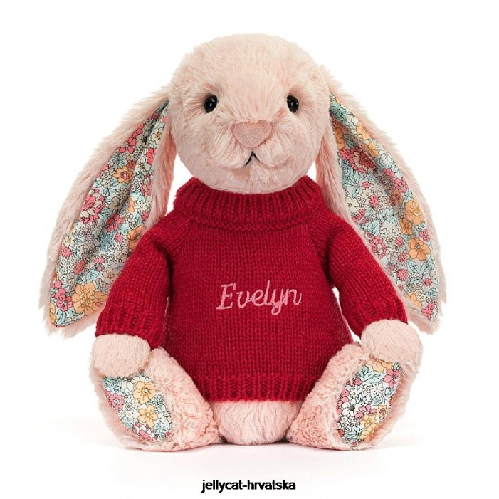 Jellycat cvjetanje, rumenilo, zeko s personaliziranim crvenim džemperom breskve 425 igračka