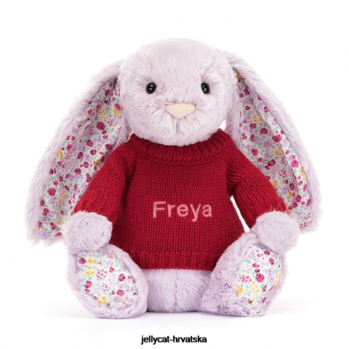 Jellycat zeko u boji jasmina s personaliziranim crvenim džemperom ljubičaste boje 399 igračka