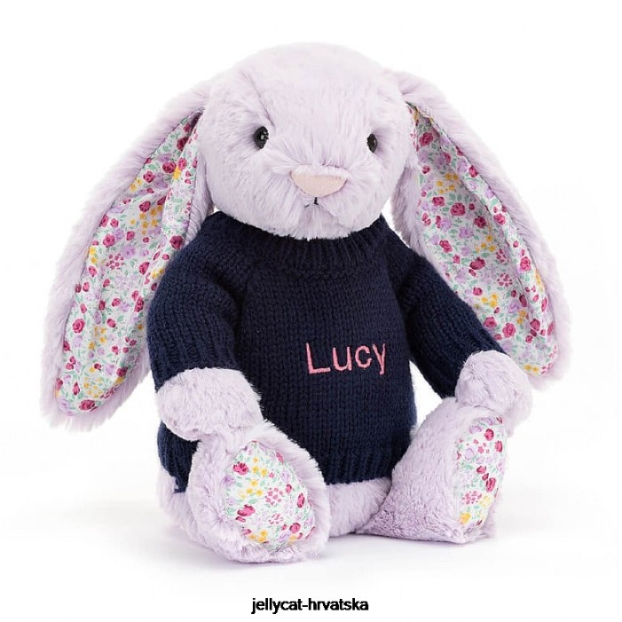 Jellycat zeko u boji jasmina s personaliziranim tamnoplavim džemperom ljubičaste boje 472 igračka