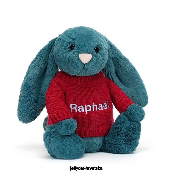 Jellycat sramežljivi mineralno plavi zeko s personaliziranim crvenim džemperom kolbalt plave boje 415 igračka