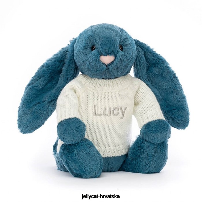 Jellycat sramežljivi mineralno plavi zeko s personaliziranim krem ​​džemperom kolbalt plave boje 330 igračka