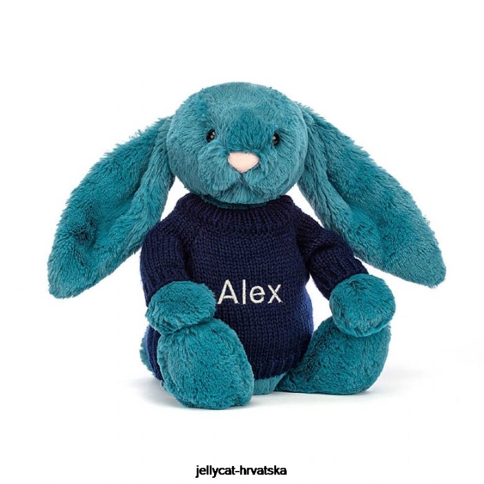 Jellycat sramežljivi mineralno plavi zeko s personaliziranim tamnoplavim džemperom kolbalt plave boje 316 igračka
