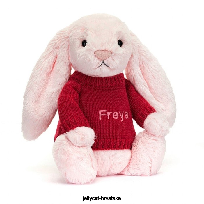 Jellycat sramežljivi ružičasti zeko s personaliziranim crvenim džemperom dječje ružičaste boje 172 igračka