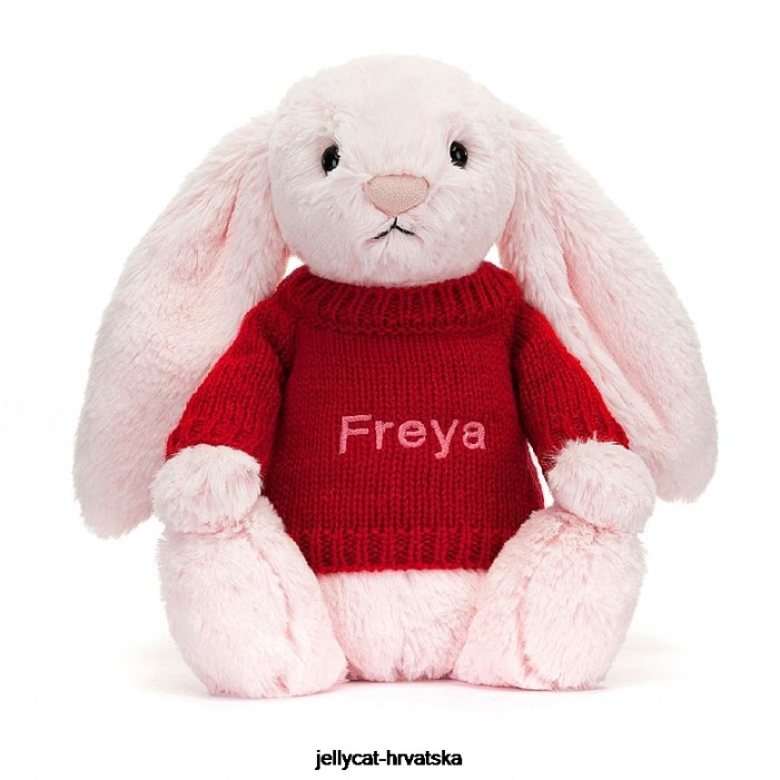Jellycat sramežljivi ružičasti zeko s personaliziranim crvenim džemperom dječje ružičaste boje 172 igračka