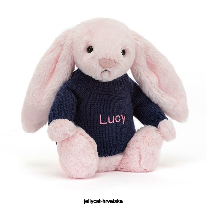 Jellycat sramežljivi ružičasti zeko s personaliziranim tamnoplavim džemperom dječje ružičaste boje 398 igračka