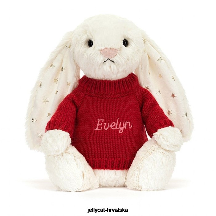 Jellycat sramežljivi svjetlucavi zeko s personaliziranim crvenim krem ​​džemperom 213 igračka