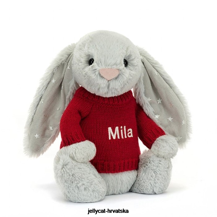 Jellycat sramežljivi svjetlucavi zeko s personaliziranim crvenim sivim džemperom 416 igračka