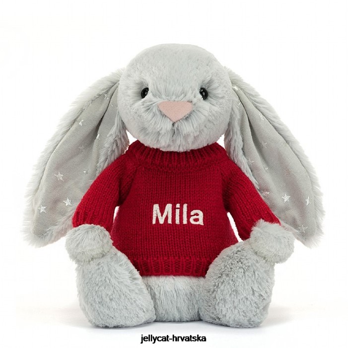 Jellycat sramežljivi svjetlucavi zeko s personaliziranim crvenim sivim džemperom 416 igračka