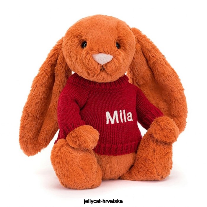 Jellycat sramežljivi zeko boje mandarine s personaliziranim crvenim narančastim džemperom 509 igračka