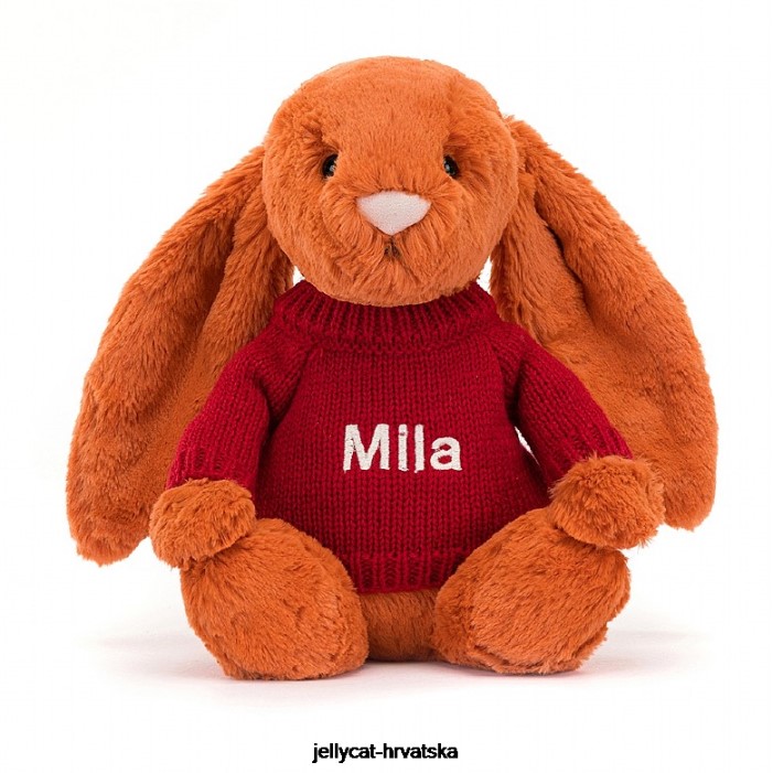 Jellycat sramežljivi zeko boje mandarine s personaliziranim crvenim narančastim džemperom 509 igračka