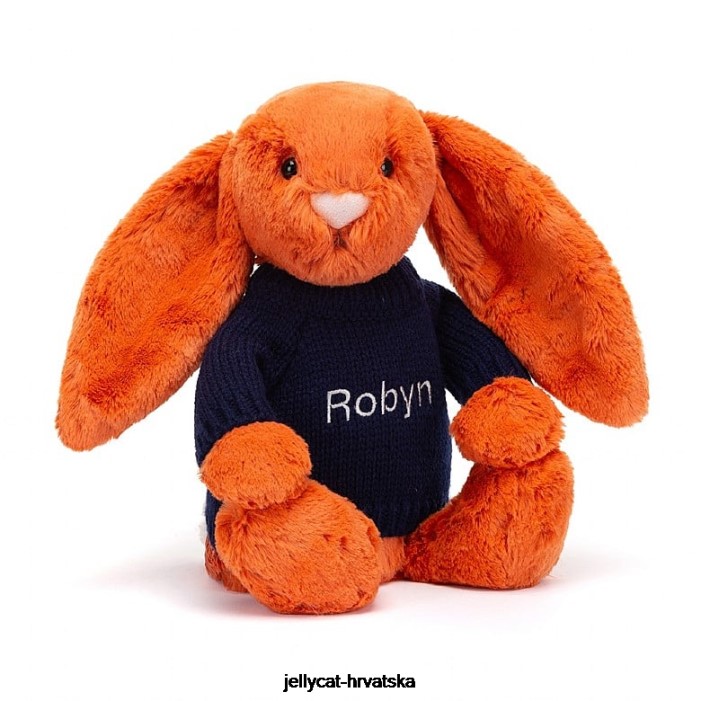 Jellycat sramežljivi zeko boje mandarine s personaliziranim tamnoplavim narančastim džemperom 508 igračka