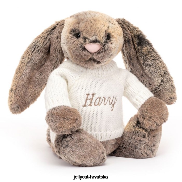 Jellycat sramežljivi zeko od pamučnog repa s personaliziranim krem ​​sivim džemperom 354 igračka