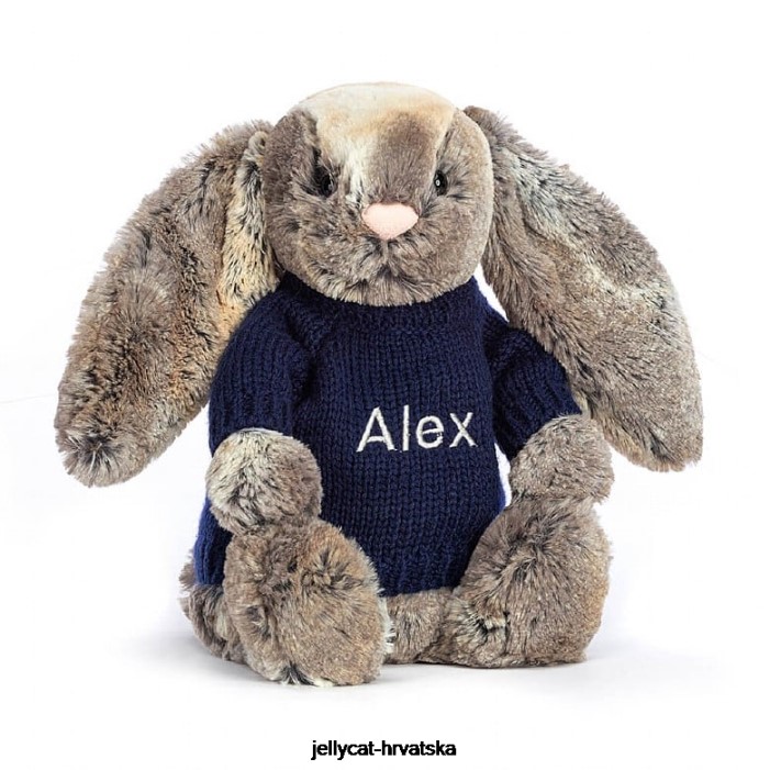 Jellycat sramežljivi zeko od pamučnog repa s personaliziranim tamnoplavim sivim džemperom 397 igračka