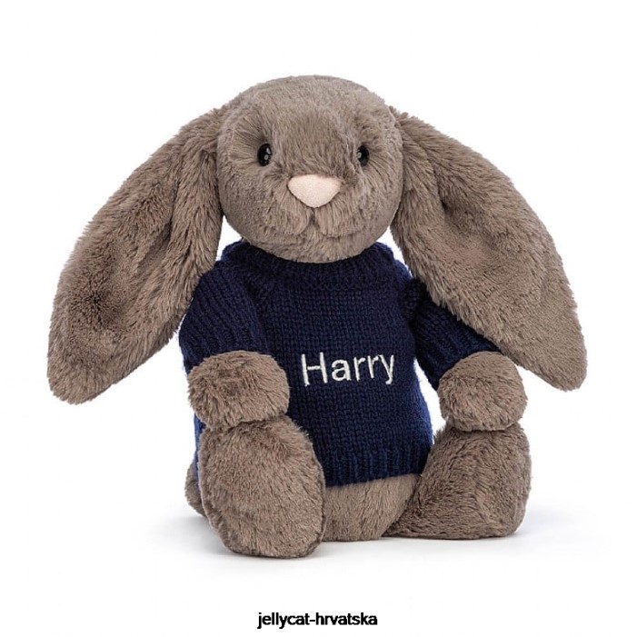 Jellycat sramežljivi zeko od tartufa s personaliziranim tamnoplavim džemperom smeđe boje 373 igračka