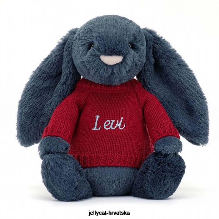 Jellycat sramežljivi zeko s personaliziranim crvenim džemperom tamnoplave boje 374 igračka