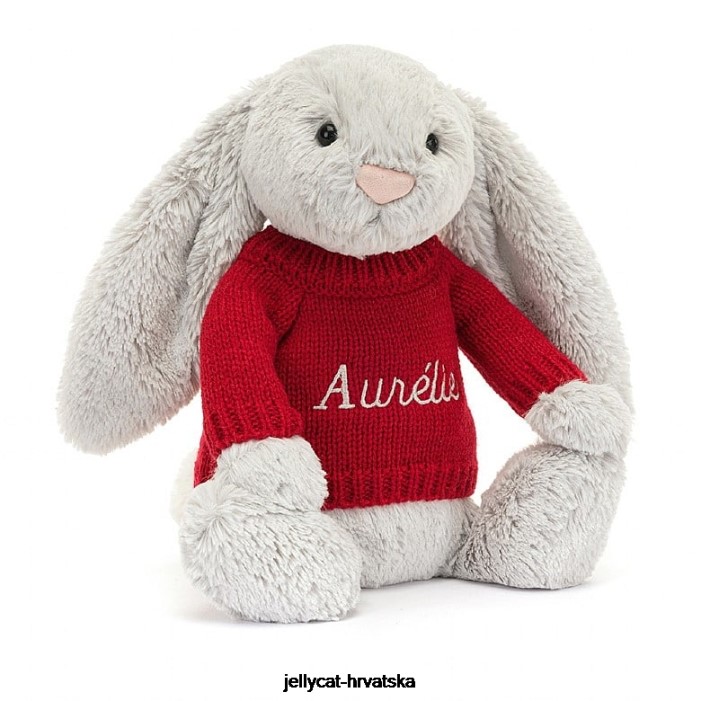 Jellycat sramežljivi zeko s personaliziranim crvenim srebrnim džemperom 245 igračka
