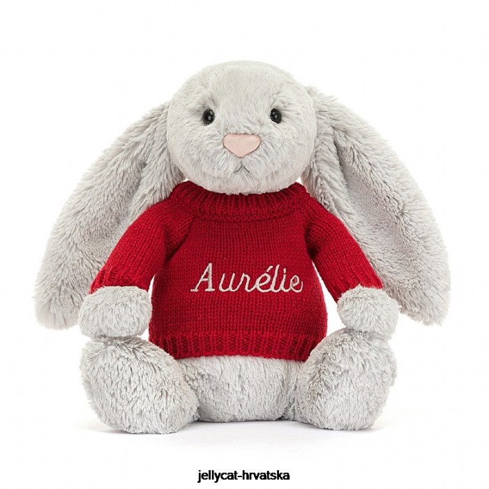 Jellycat sramežljivi zeko s personaliziranim crvenim srebrnim džemperom 245 igračka