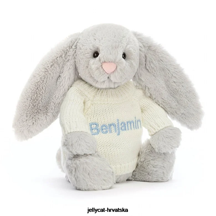 Jellycat sramežljivi zeko s personaliziranim krem ​​džemperom srebrne boje 371 igračka
