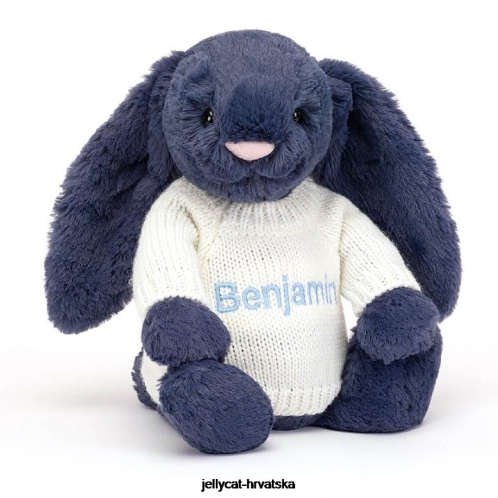 Jellycat sramežljivi zeko s personaliziranim krem ​​džemperom tamnoplave boje 389 igračka