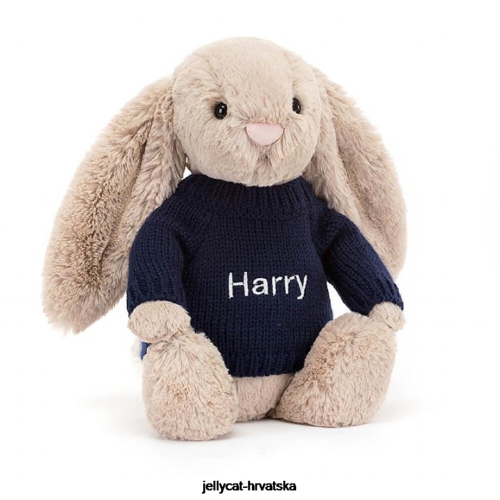 Jellycat sramežljivi zeko s personaliziranim tamnoplavim džemperom bež boje 147 igračka