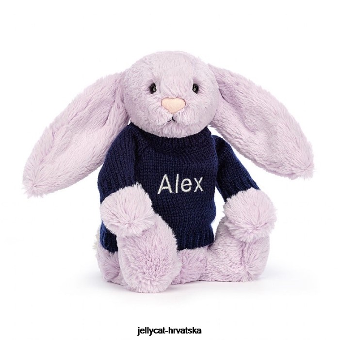 Jellycat sramežljivi zeko s personaliziranim tamnoplavim džemperom lila 453 igračka