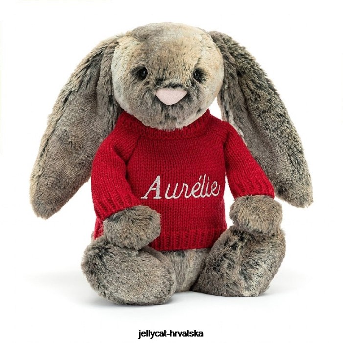 Jellycat stidljivi zeko od pamučnog repa s personaliziranim crvenim sivim džemperom 414 igračka