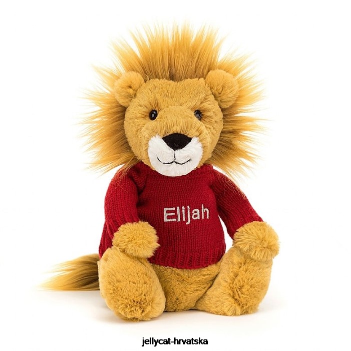 Jellycat sramežljivi lav s personaliziranim crvenim žutim džemperom 546 igračka