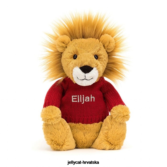 Jellycat sramežljivi lav s personaliziranim crvenim žutim džemperom 546 igračka