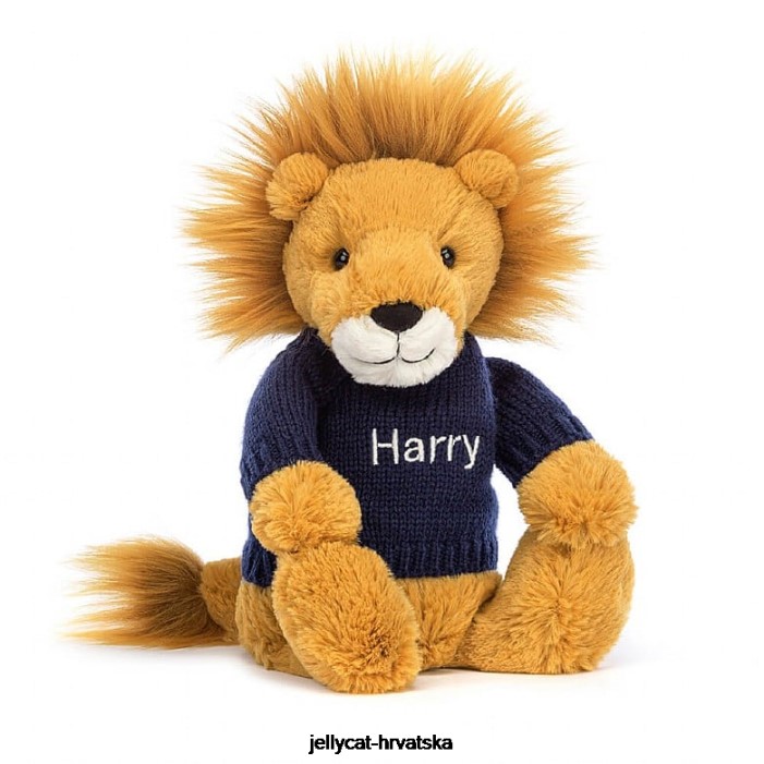 Jellycat sramežljivi lav s personaliziranim tamnoplavim žutim džemperom 534 igračka