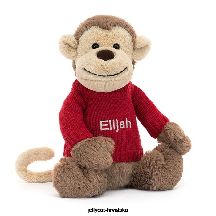 Jellycat sramežljivi majmun s personaliziranim crvenim smeđim džemperom 189 igračka