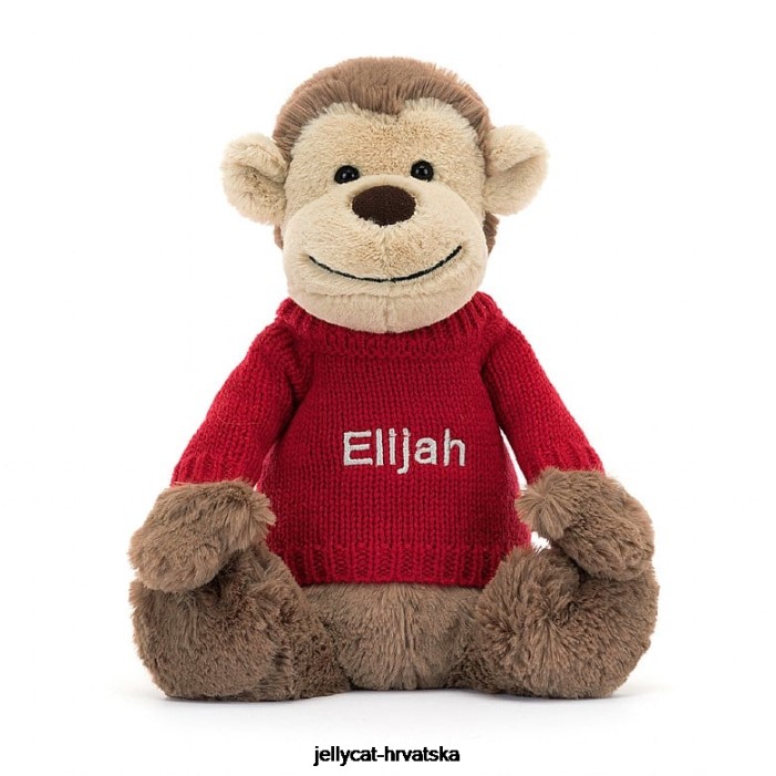 Jellycat sramežljivi majmun s personaliziranim crvenim smeđim džemperom 189 igračka