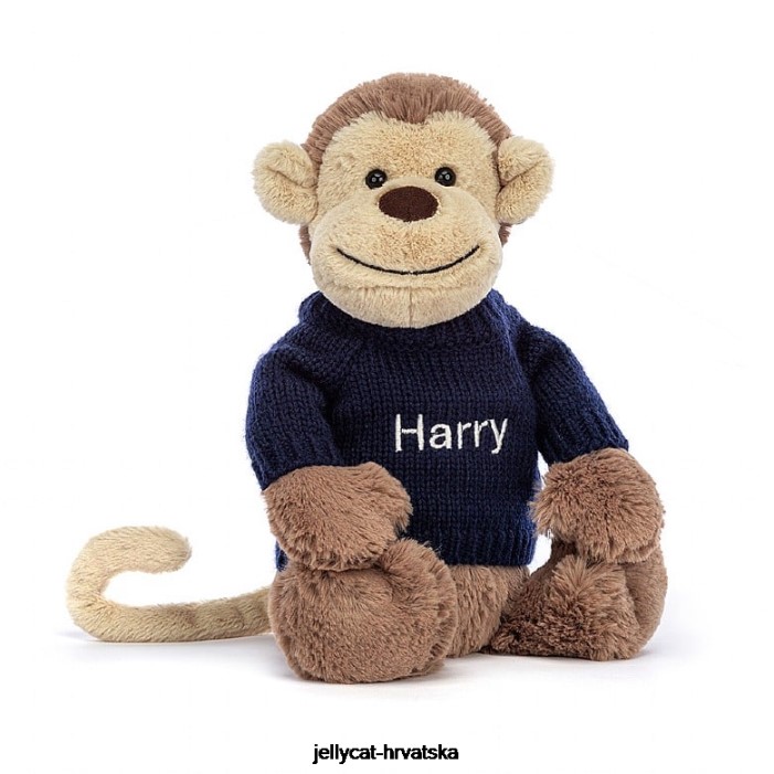 Jellycat sramežljivi majmun s personaliziranim tamnoplavim smeđim džemperom 192 igračka