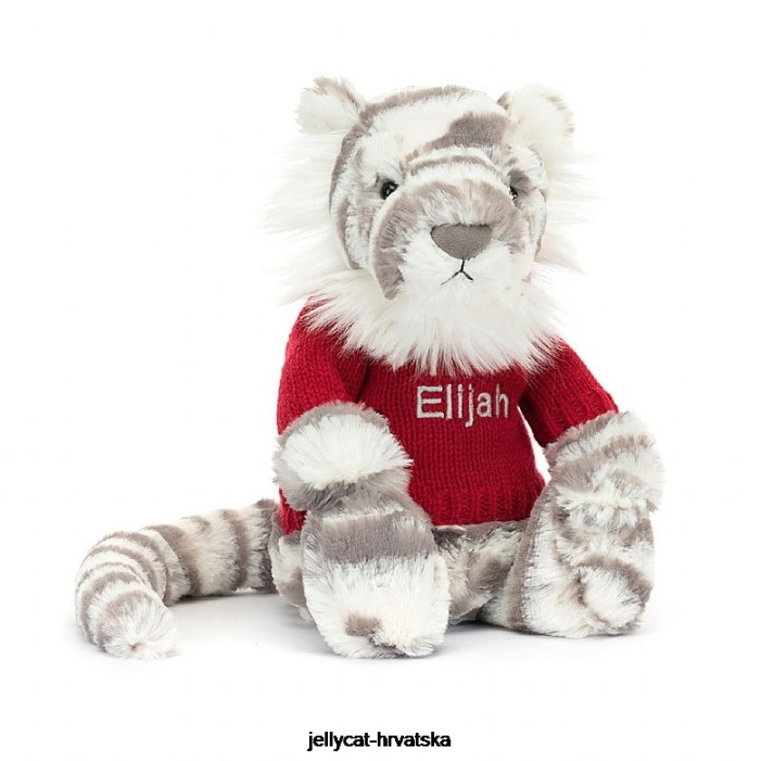 Jellycat sramežljivi snježni tigar s personaliziranim crvenim džemperom u sivoj i bijeloj boji 581 igračka