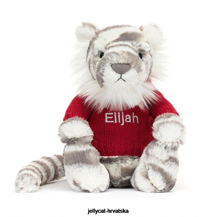 Jellycat sramežljivi snježni tigar s personaliziranim crvenim džemperom u sivoj i bijeloj boji 581 igračka