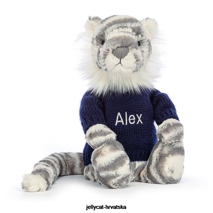 Jellycat sramežljivi snježni tigar s personaliziranim tamnoplavim džemperom u sivoj i bijeloj boji 579 igračka