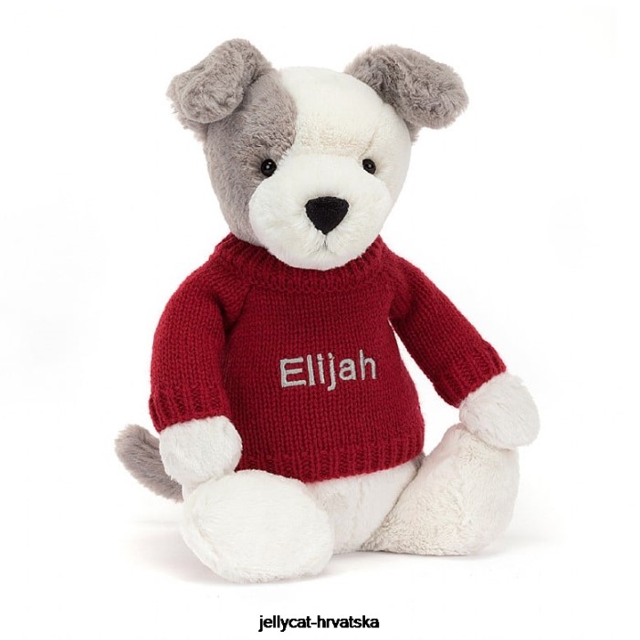 Jellycat sramežljivi terijer s personaliziranim crvenim džemperom u sivoj i bijeloj boji 515 igračka