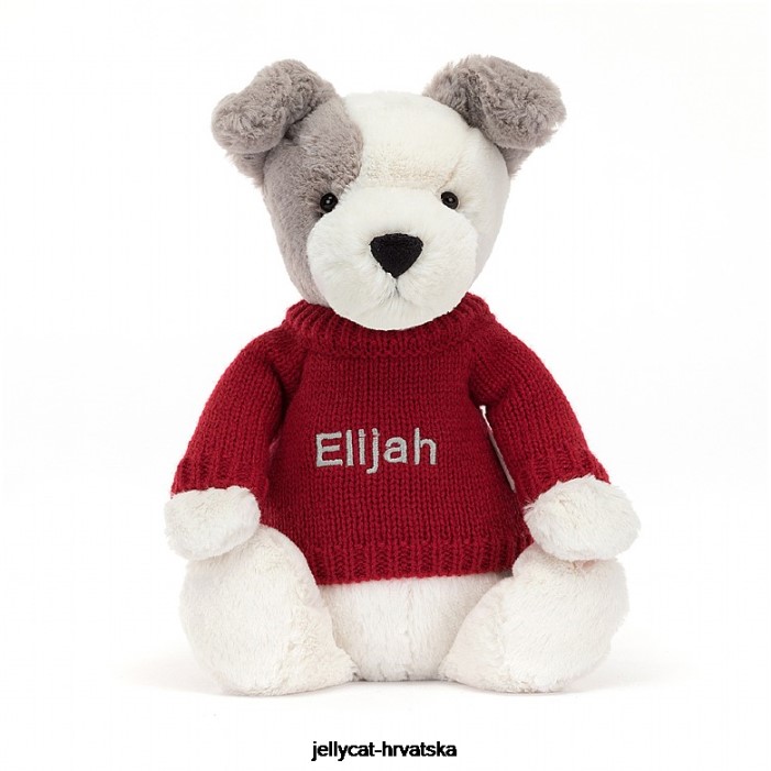 Jellycat sramežljivi terijer s personaliziranim crvenim džemperom u sivoj i bijeloj boji 515 igračka