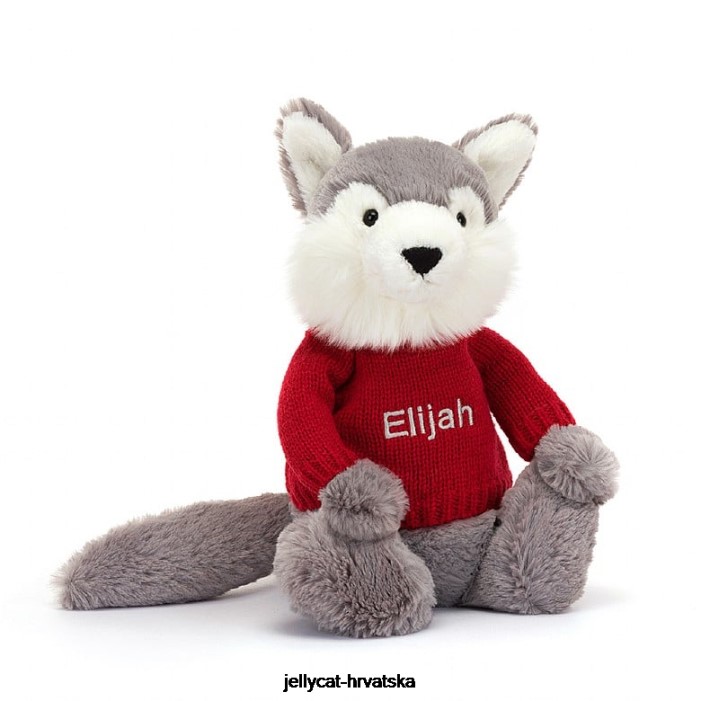 Jellycat sramežljivi vuk s personaliziranim crvenim džemperom u sivoj i bijeloj boji 241 igračka