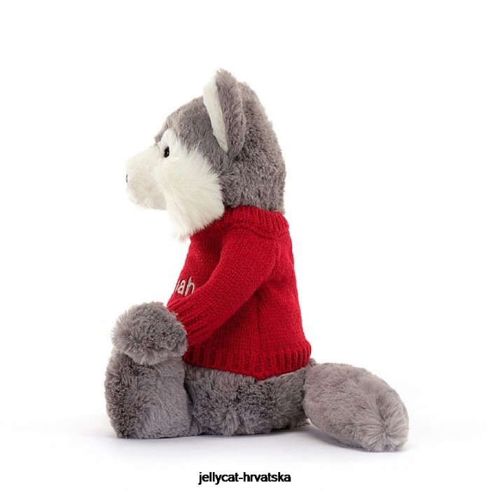 Jellycat sramežljivi vuk s personaliziranim crvenim džemperom u sivoj i bijeloj boji 241 igračka