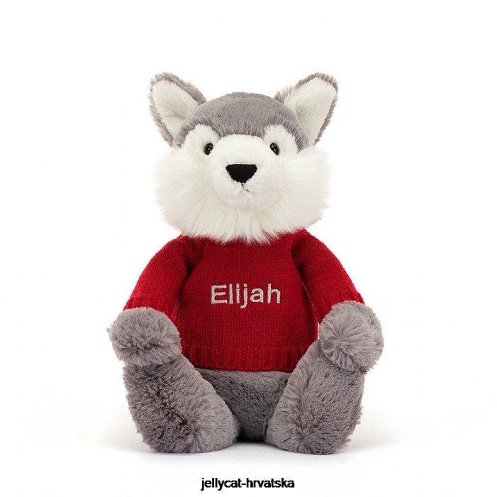 Jellycat sramežljivi vuk s personaliziranim crvenim džemperom u sivoj i bijeloj boji 241 igračka