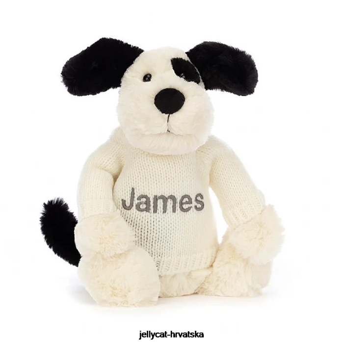 Jellycat sramežljivo crno-krem štene s personaliziranim krem ​​džemperom u crno-bijeloj boji 256 igračka